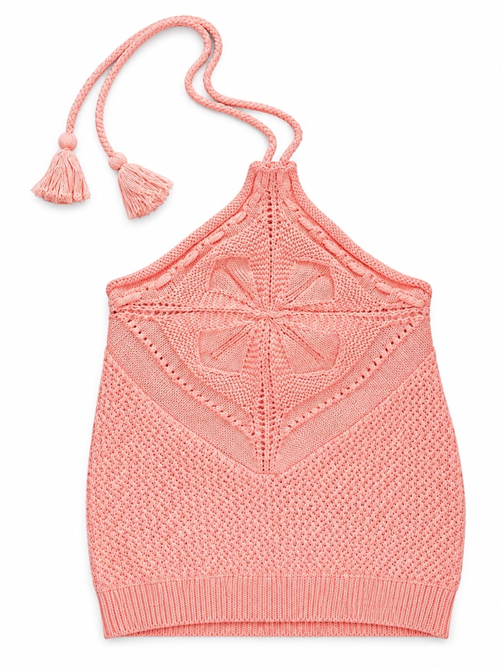 NWT 525 Coral Pink Crochet Knit Halter Top Tassel Tie Boho Festival